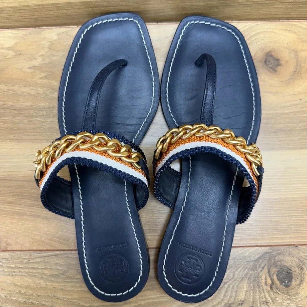 Tory Burch‎ Benton Chain Flip Flops Womens 7 M Navy Blue Leather Gold Hardware
